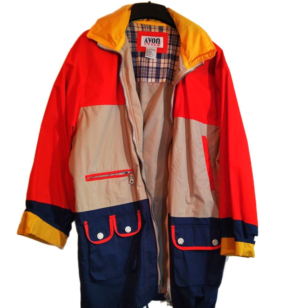 Vintage 80s 90s Avon Style Color Block Windbreaker Hooded Jacket L Red Navy